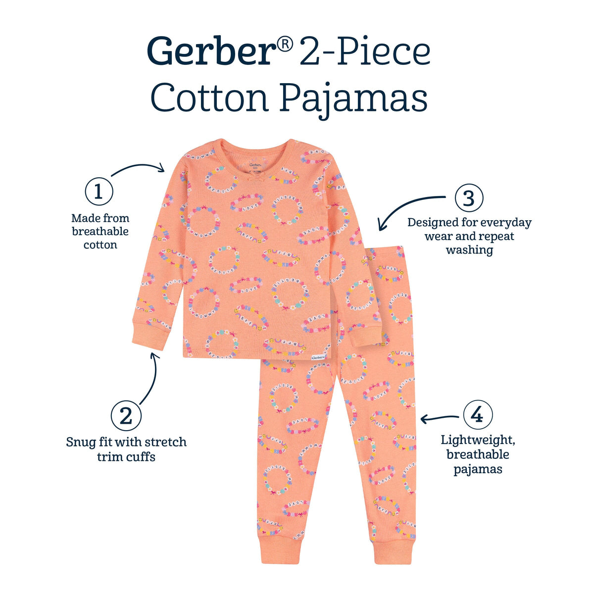 2-Piece Infant & Toddler Girls Peach Bracelets Cotton Pajama Set sleepwear Gerber® 