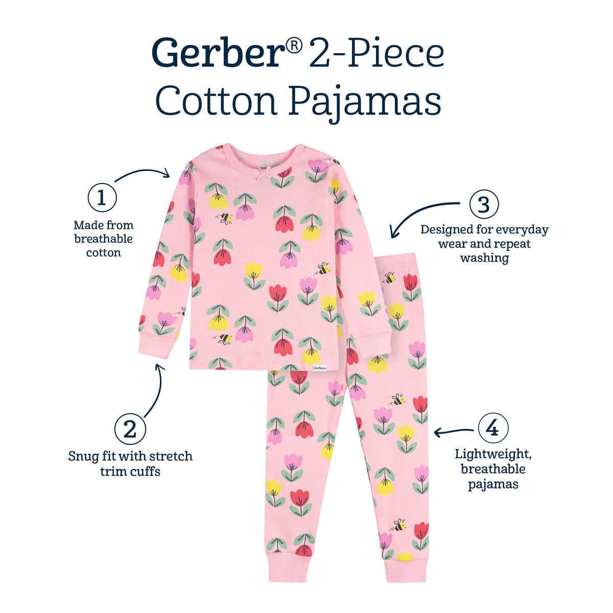 2-Piece Infant & Toddler Girls Pink Tulips Cotton Pajama Set sleepwear Gerber® 