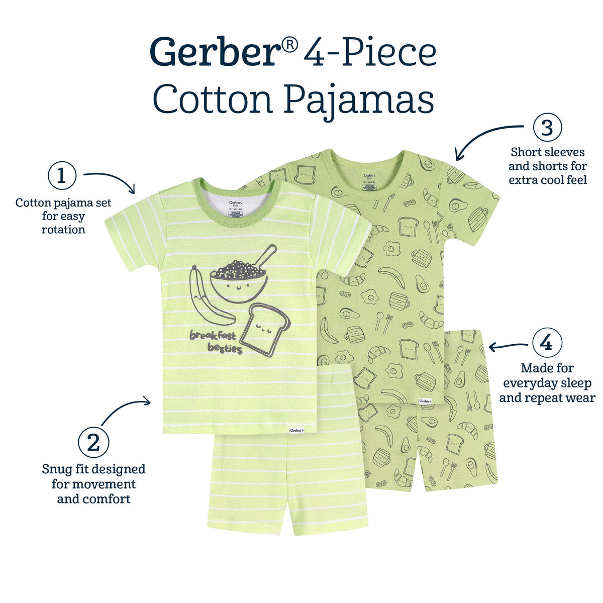 4-Piece Infant & Toddler Neutral Green Breakfast Cotton Pajama Short Set sleepwear Gerber® 