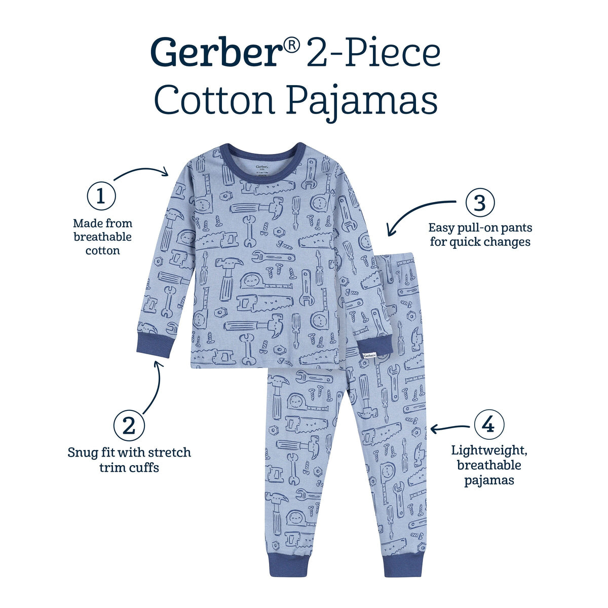 2-Piece Infant & Toddler Boys Blue Tools Cotton Pajama Set sleepwear Gerber® 