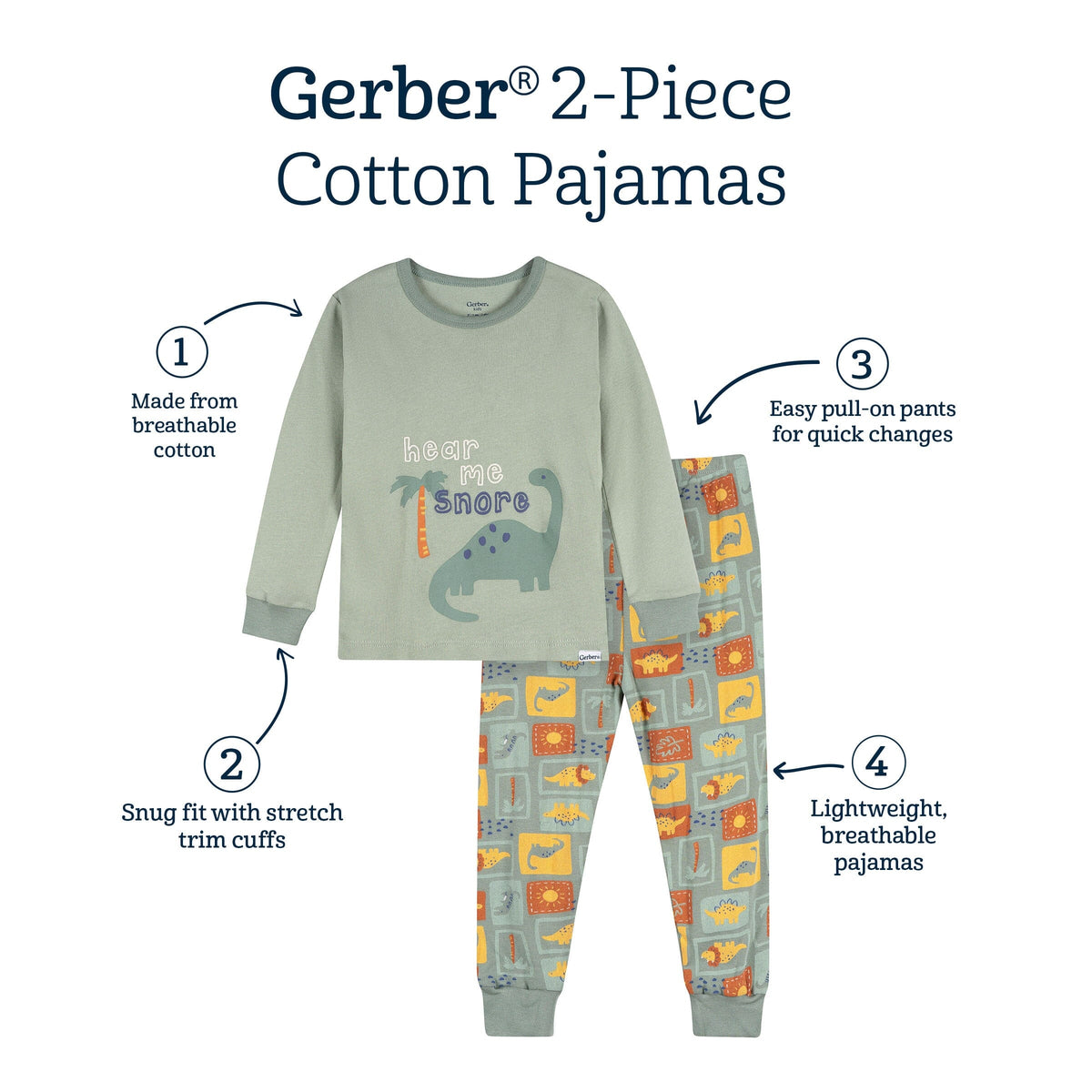2-Piece Infant & Toddler Boys Green Dino Cotton Pajama Set sleepwear Gerber® 
