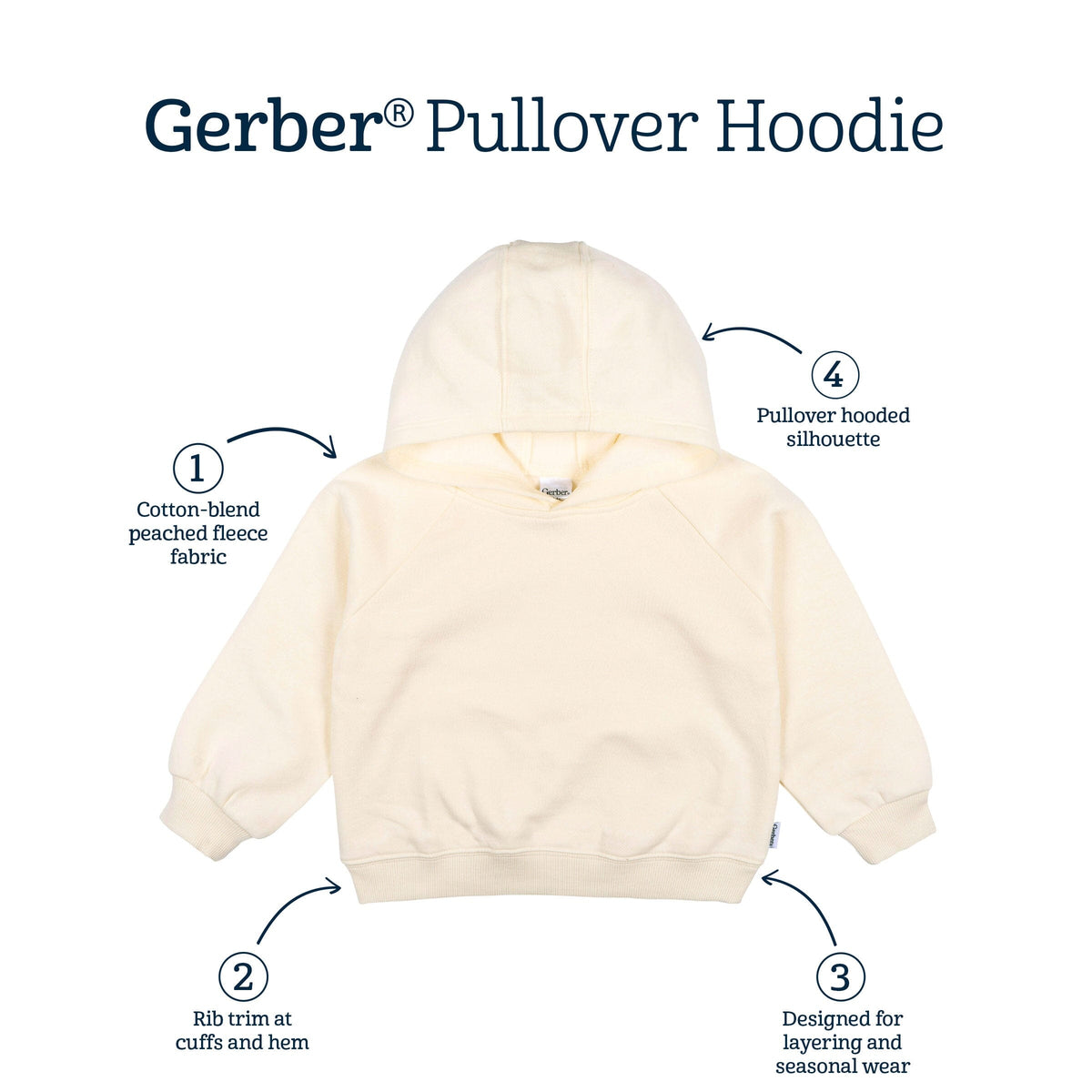 Embroidered Infant & Toddler Neutral Soft Beige Pullover Hooded Sweatshirt tops Gerber® 