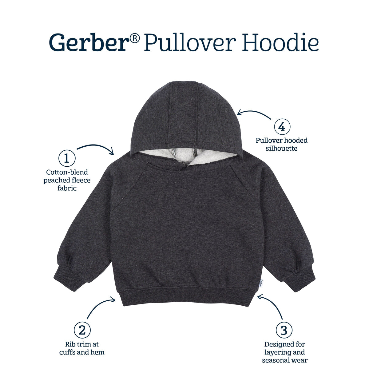 Embroidered Baby & Toddler Neutral Charcoal Heather Pullover Hooded Sweatshirt tops Gerber® 