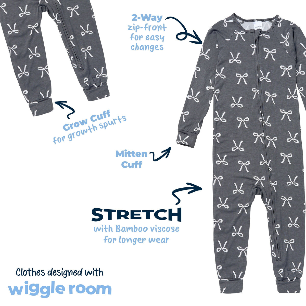 Baby & Toddler Girls Gray Bow Snug Fit Footless Pajamas sleepwear Gerber® 