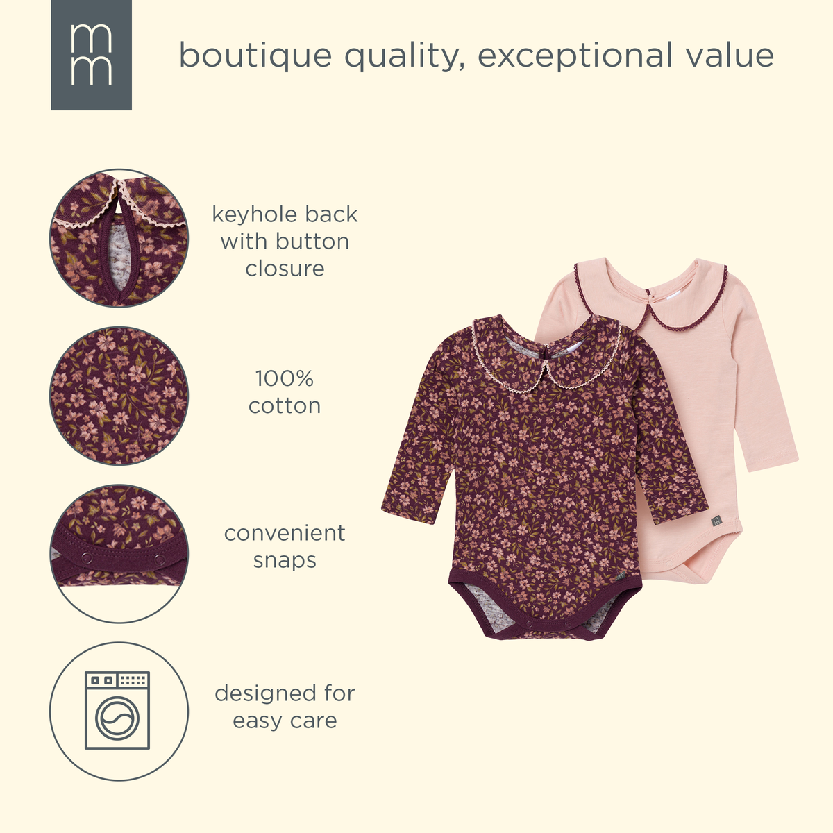 2-Pack Baby Girls Rose Peter Pan Collar Bodysuit
