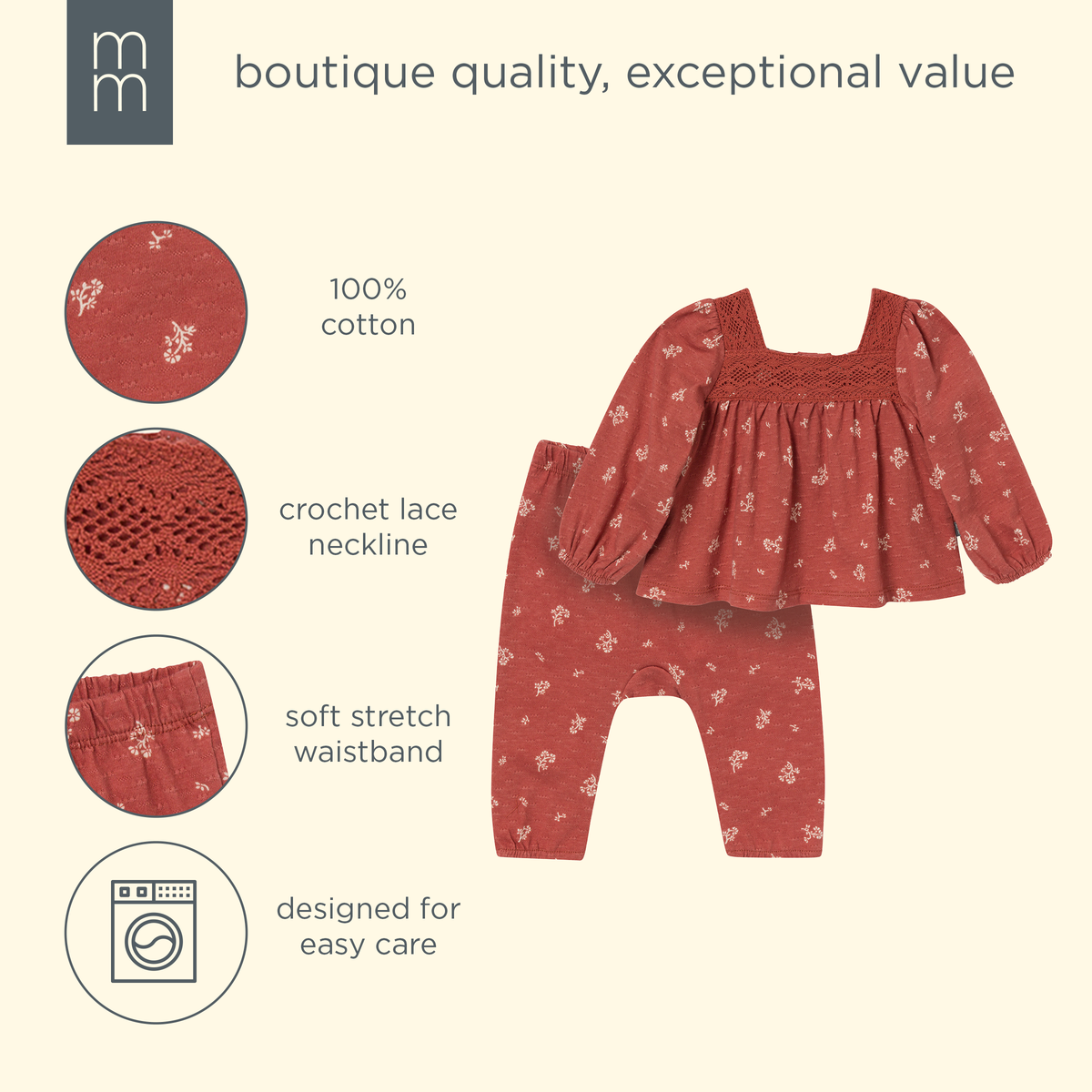 2-Piece Baby Girls Terracotta Crochet Top & Pant Set