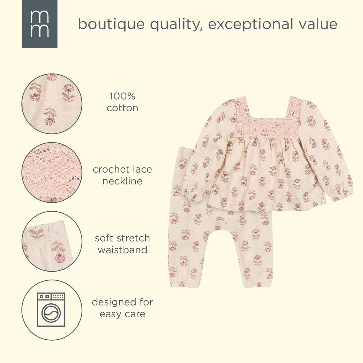 2-Piece Baby Girls Oatmeal Rose Crochet Top & Pant Set outfits modern moments™ by Gerber® 