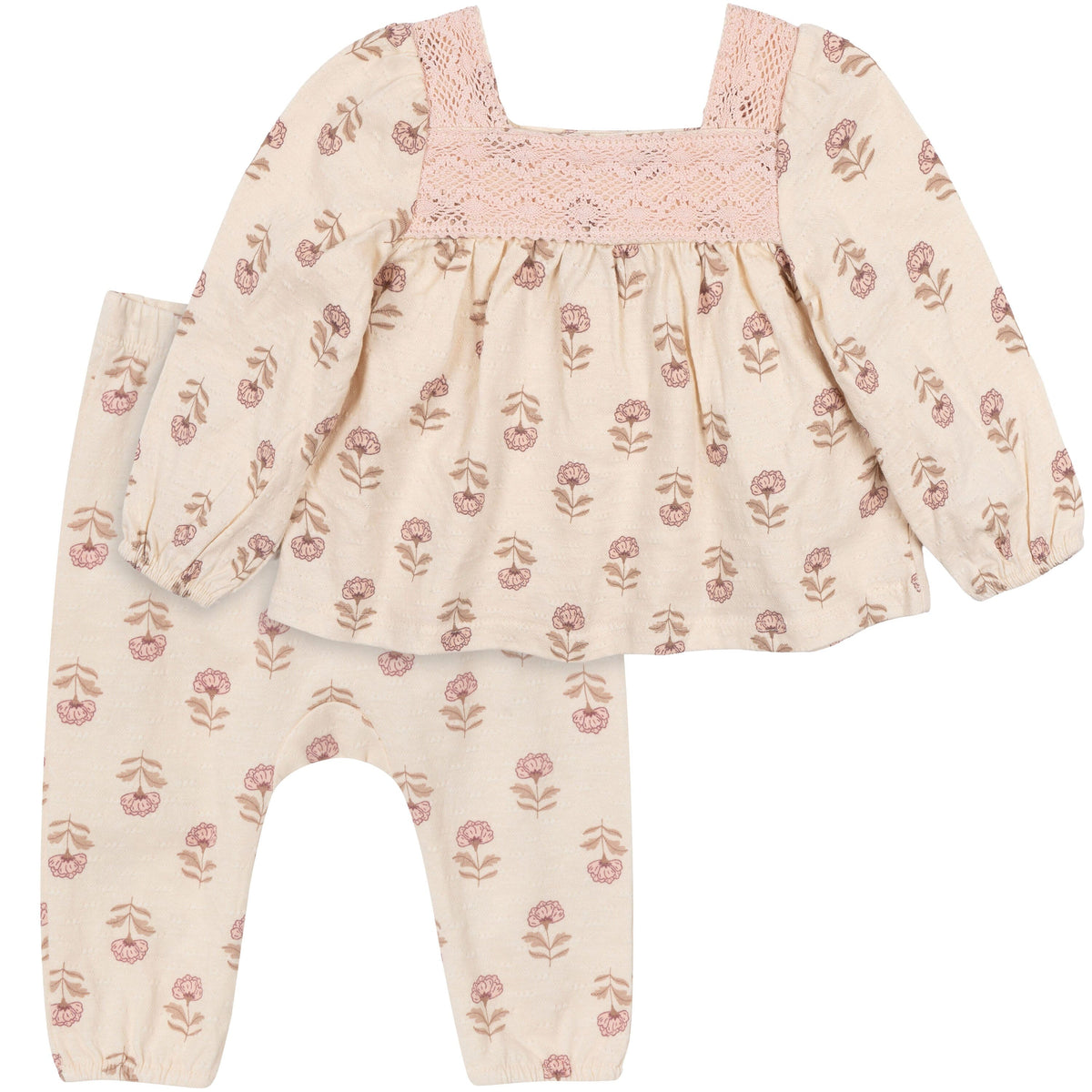 2-Piece Baby Girls Oatmeal Rose Crochet Top & Pant Set outfits modern moments™ by Gerber® 