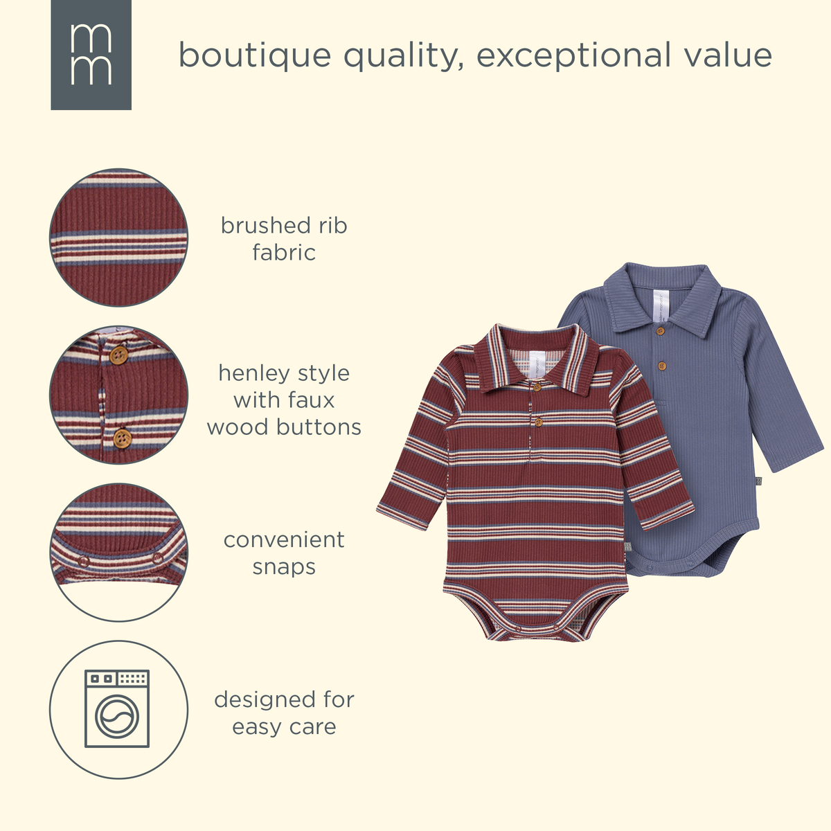 2-Pack Baby Boys Maroon/Dusty Blue Polo Henley Bodysuit