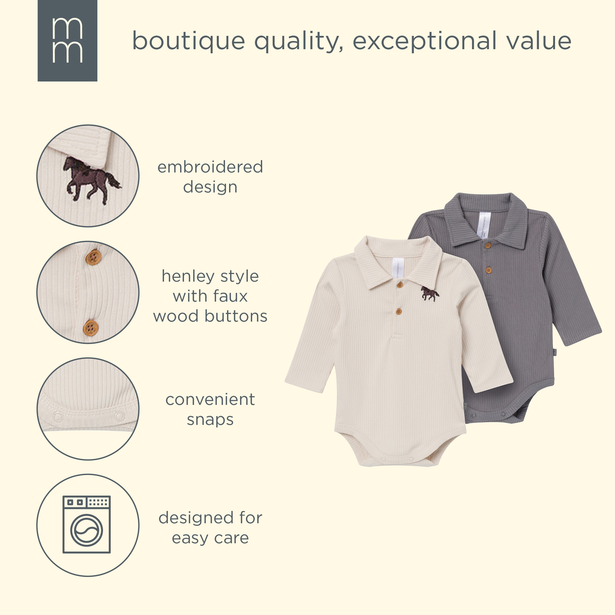 2-Pack Baby Boys Oatmeal/Pewter Polo Henley Bodysuit