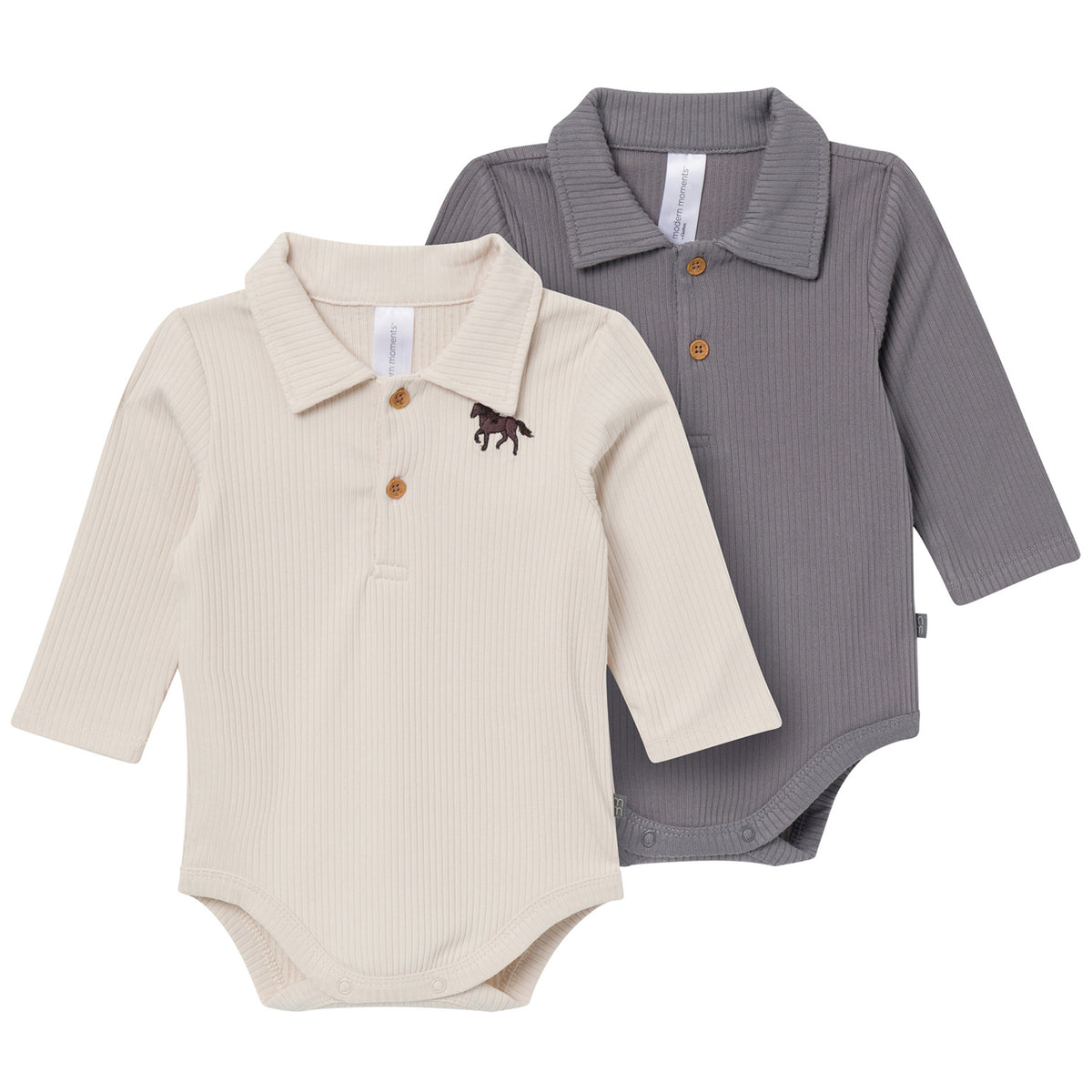 2-Pack Baby Boys Oatmeal/Pewter Polo Henley Bodysuit