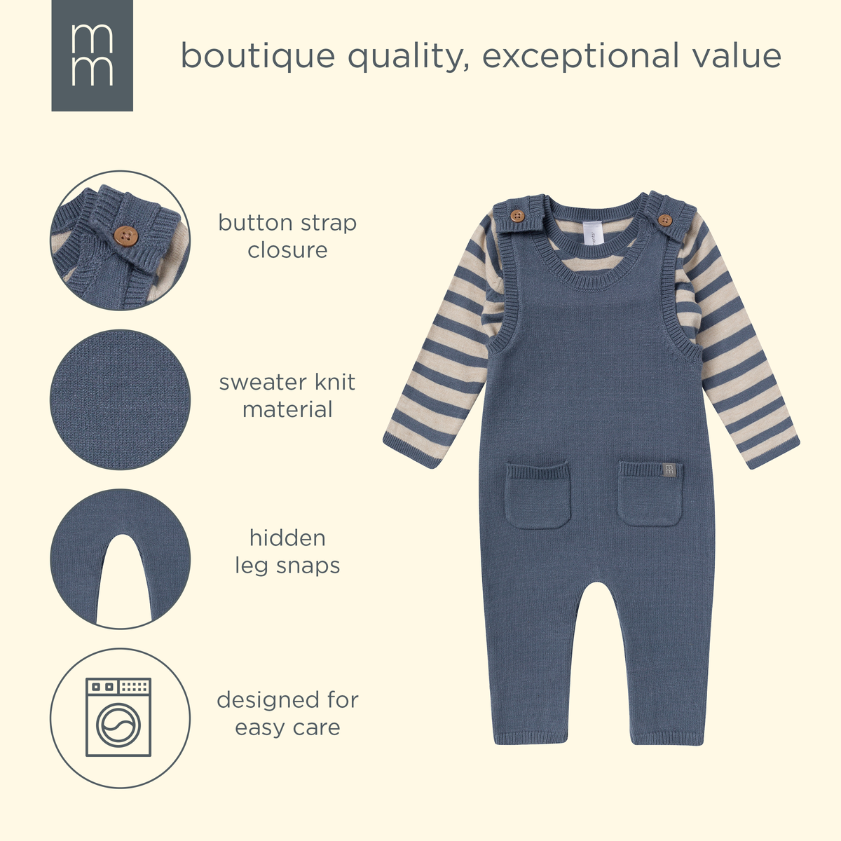 2-Piece Baby Boys Oatmeal-Dusty Blue Stripe Sweater Overall Set