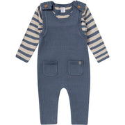 2-Piece Baby Boys Oatmeal-Dusty Blue Stripe Sweater Overall Set