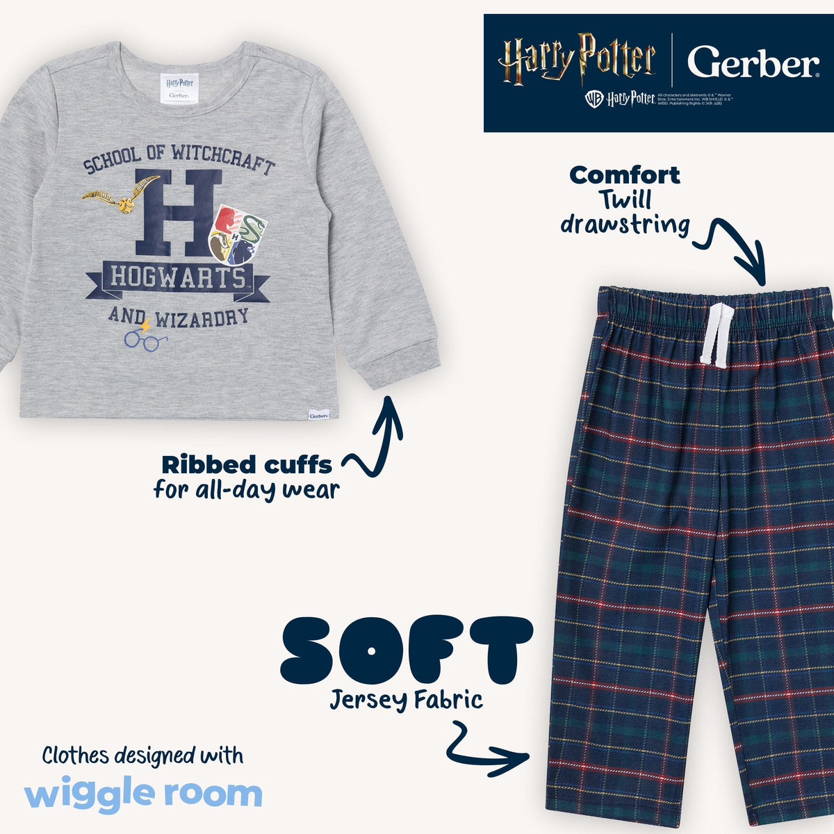 2-Piece Infant & Toddler Neutral Hogwarts Navy Plaid Pajamas sleepwear Gerber® 