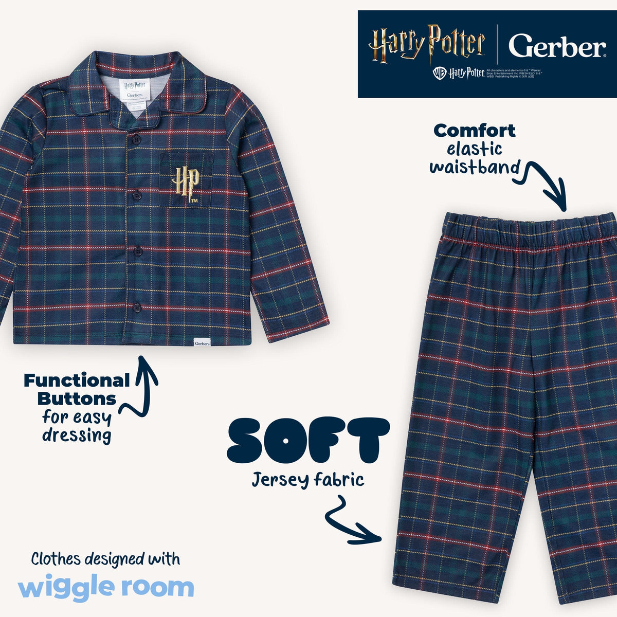 2-Piece Infant & Toddler Neutral Hogwarts Navy Plaid Button Up Pajamas sleepwear Gerber® 