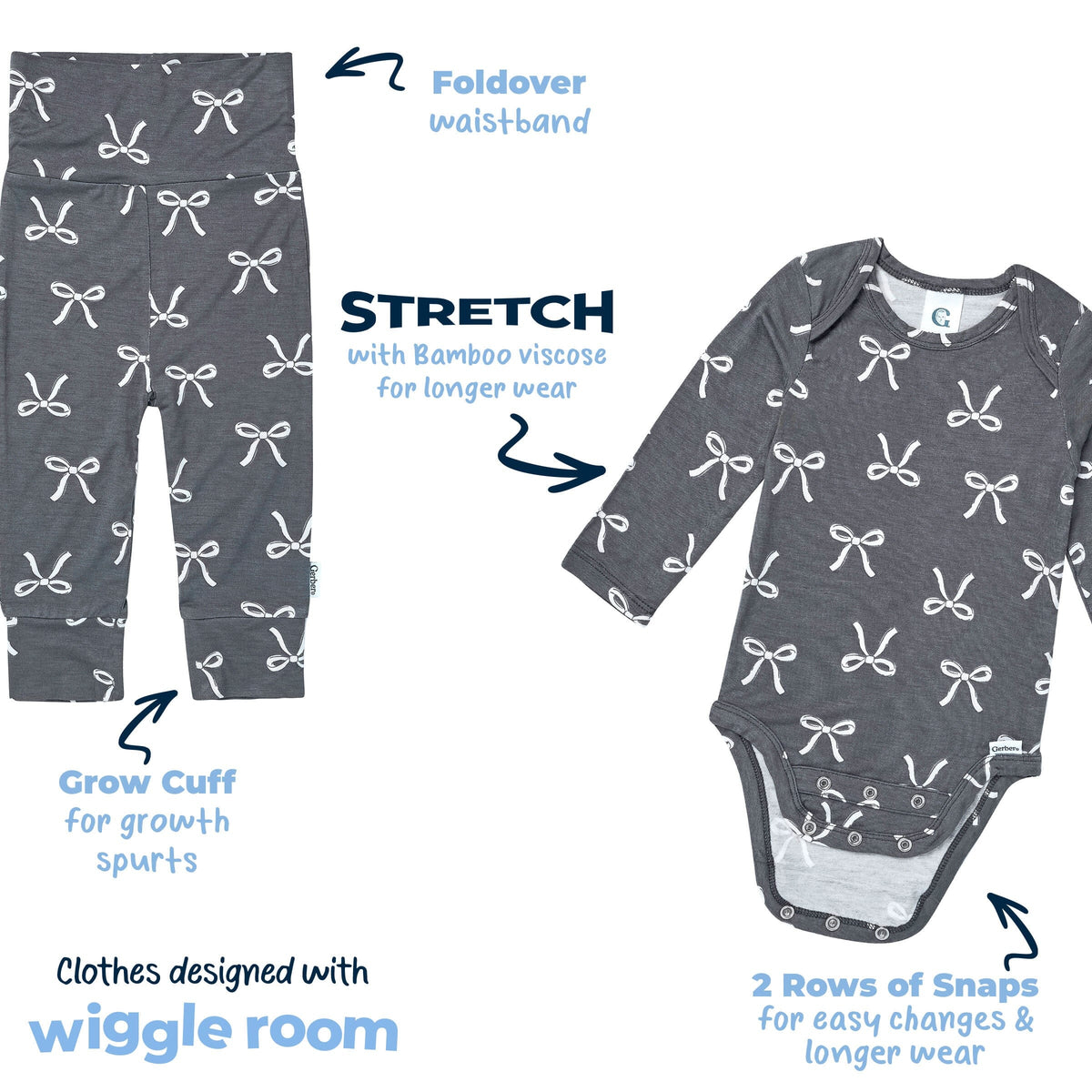 2-Piece Baby Girls Gray Bow Onesie® Pant Set outfits Gerber® 