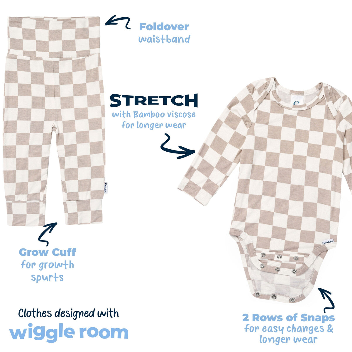 2-Piece Baby Neutral Taupe Check Onesie® Pant Set outfits Gerber® 