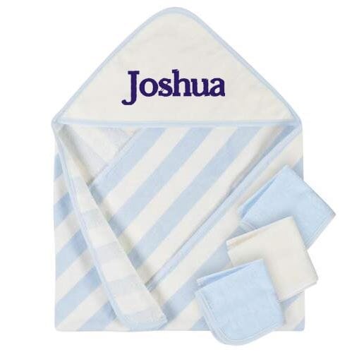 Embroidered 4-Piece Boys Striped Blue Hooded Towel & Washcloths Set