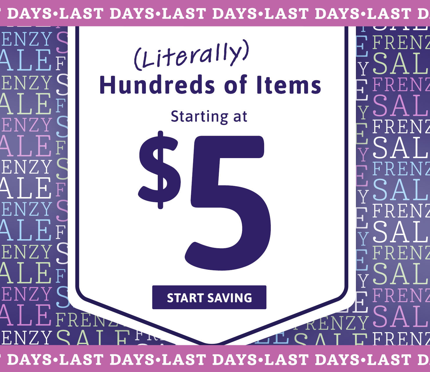Purple graphic promoting a sale with items starting at $5. Bold text reads 