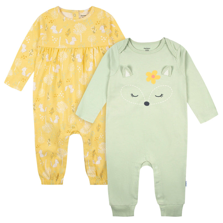 2-Pack Baby Girls Green Fox Rompers