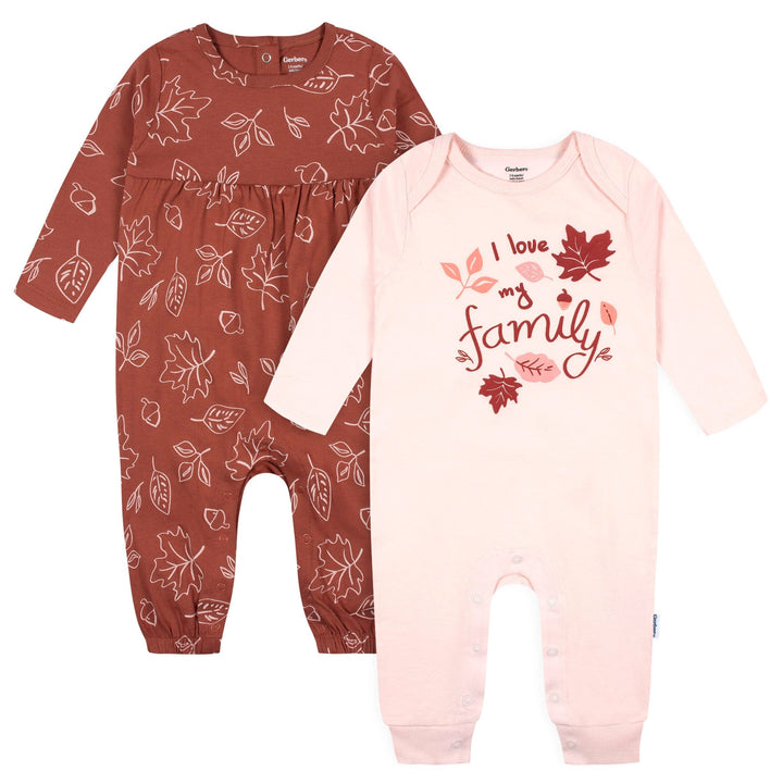 2-Pack Baby Girls Pink Leaves Rompers