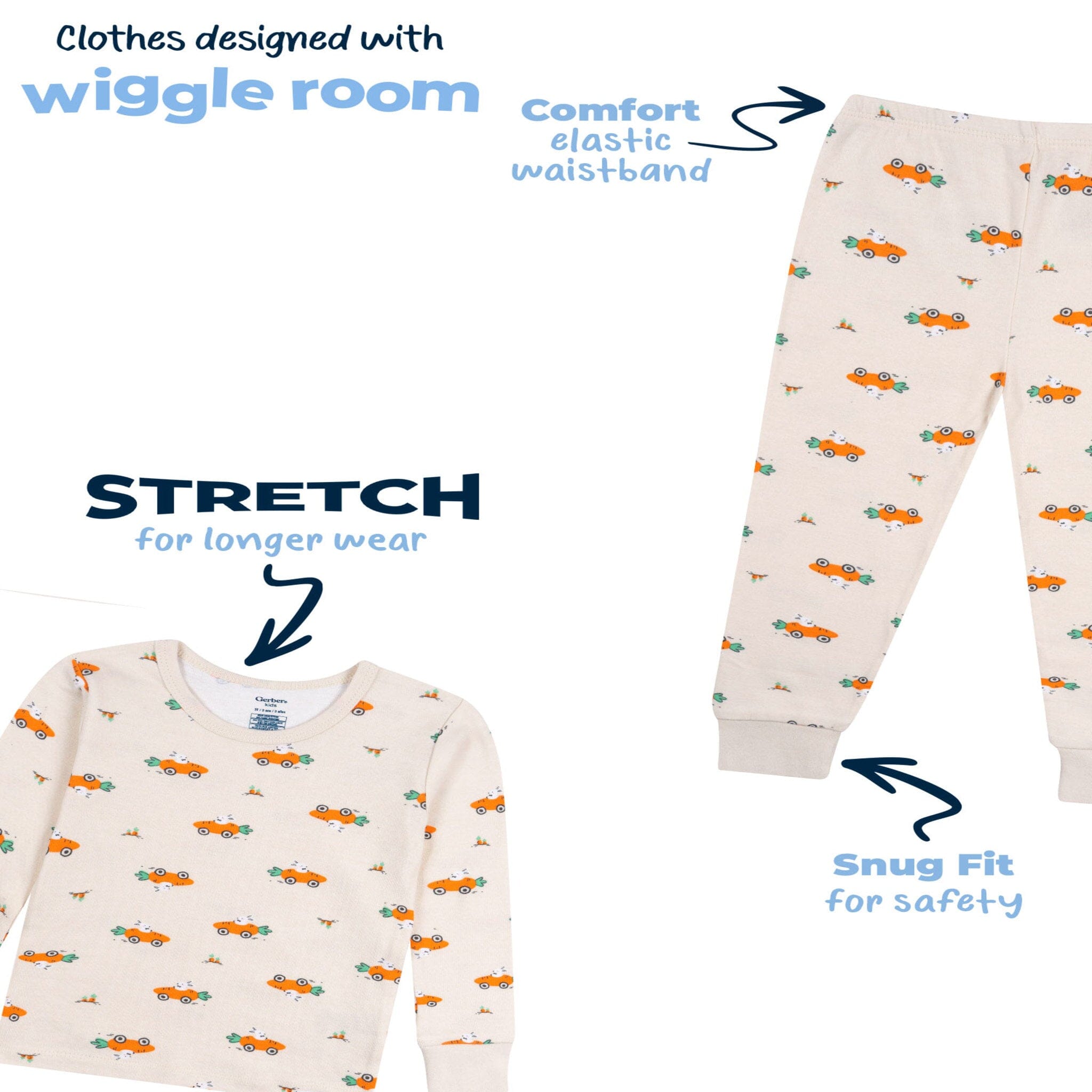 2-Piece Infant & Toddler Neutral Bunny Carrot Cars Cotton Pajamas Sleepwear Gerber® 