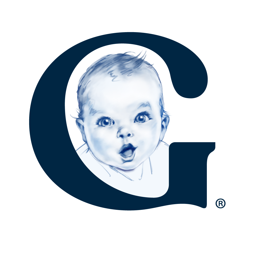 Gerber Childrenswear logo with a baby's face inside a large letter 'G' on a white background