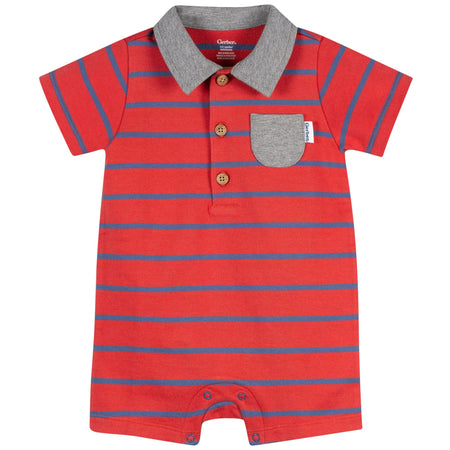 Baby Boys Red & Blue Stripe Collared Romper