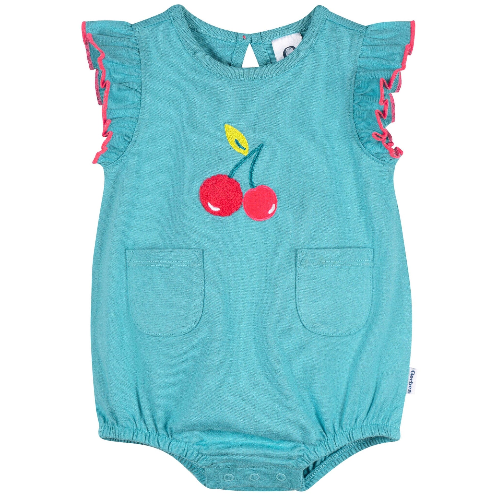 Baby Girls Aqua Cherries Pocket Romper rompers Gerber® 