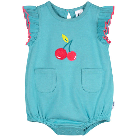 Baby Girls Aqua Cherries Pocket Bubble Romper