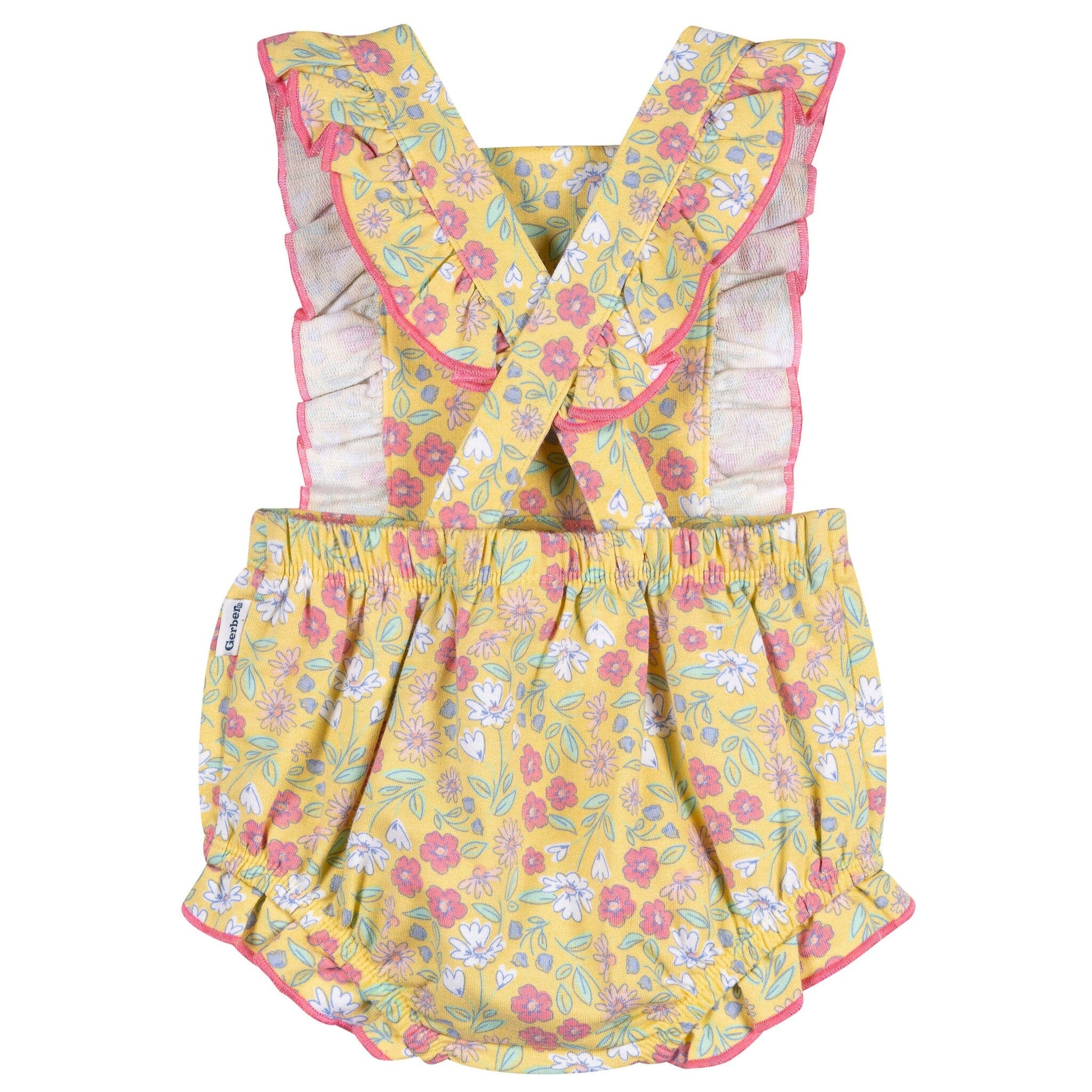 Baby Girls Yellow Floral Ruffle Strap Bubble Romper rompers Gerber® 