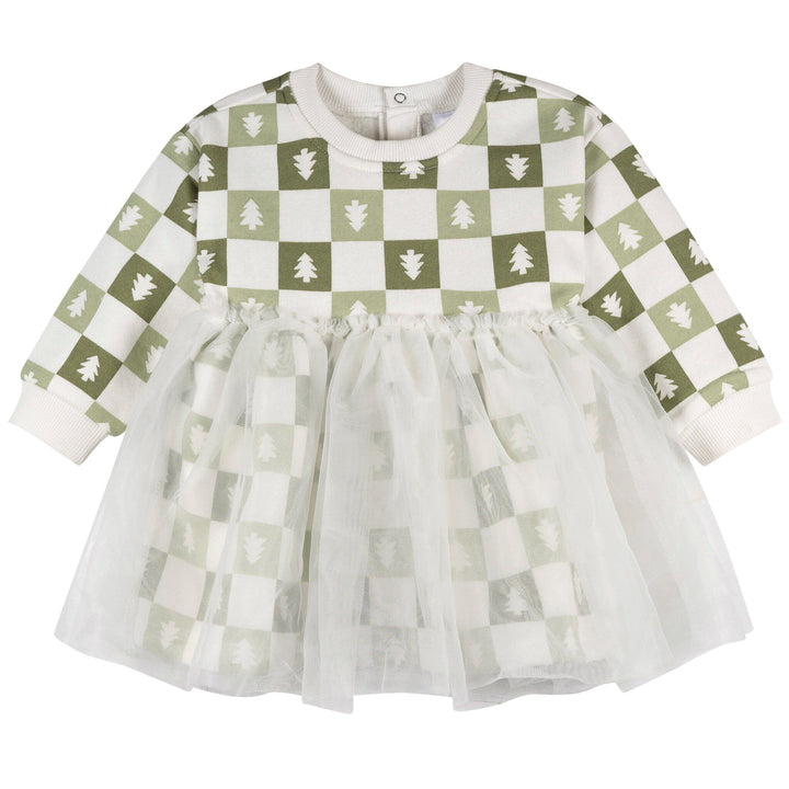 Checkered dress with green and white pattern on a white background