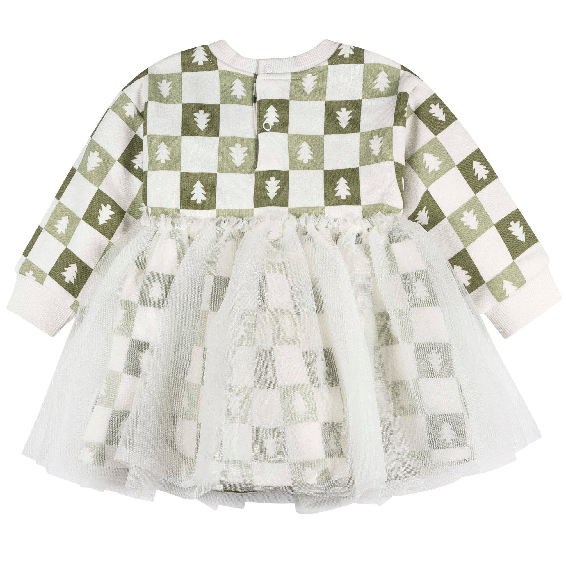 Children's dress with green and white checkered pattern on a white background