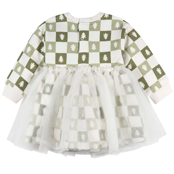 Children's dress with green and white checkered pattern on a white background