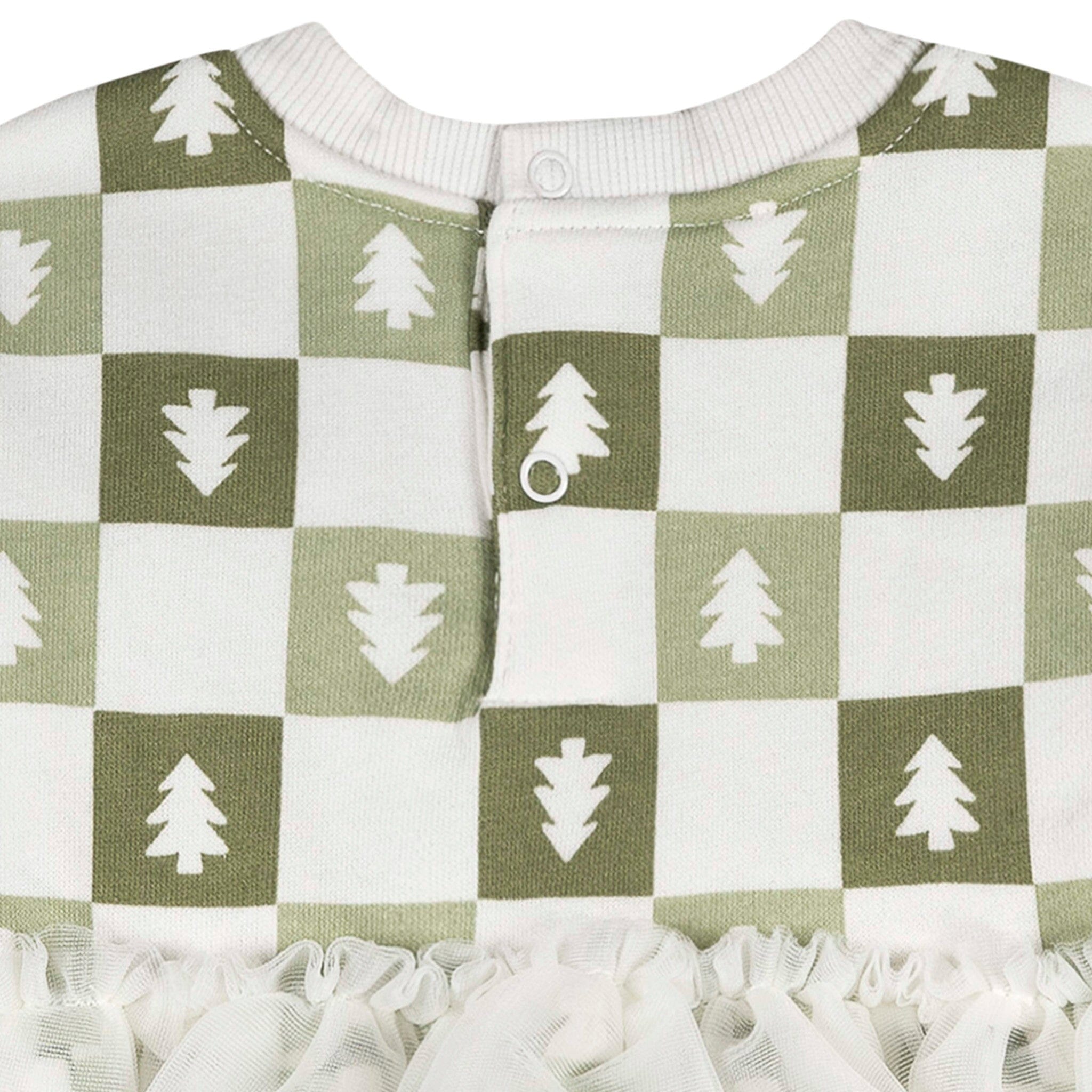 Green and white checkered baby romper with tree pattern