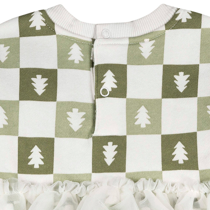 Green and white checkered baby romper with tree pattern