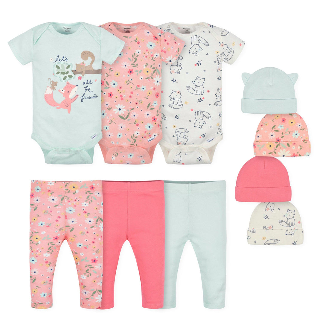 10- Baby Girls Fox Onesies® Bodysuits, Pants, and Caps Set