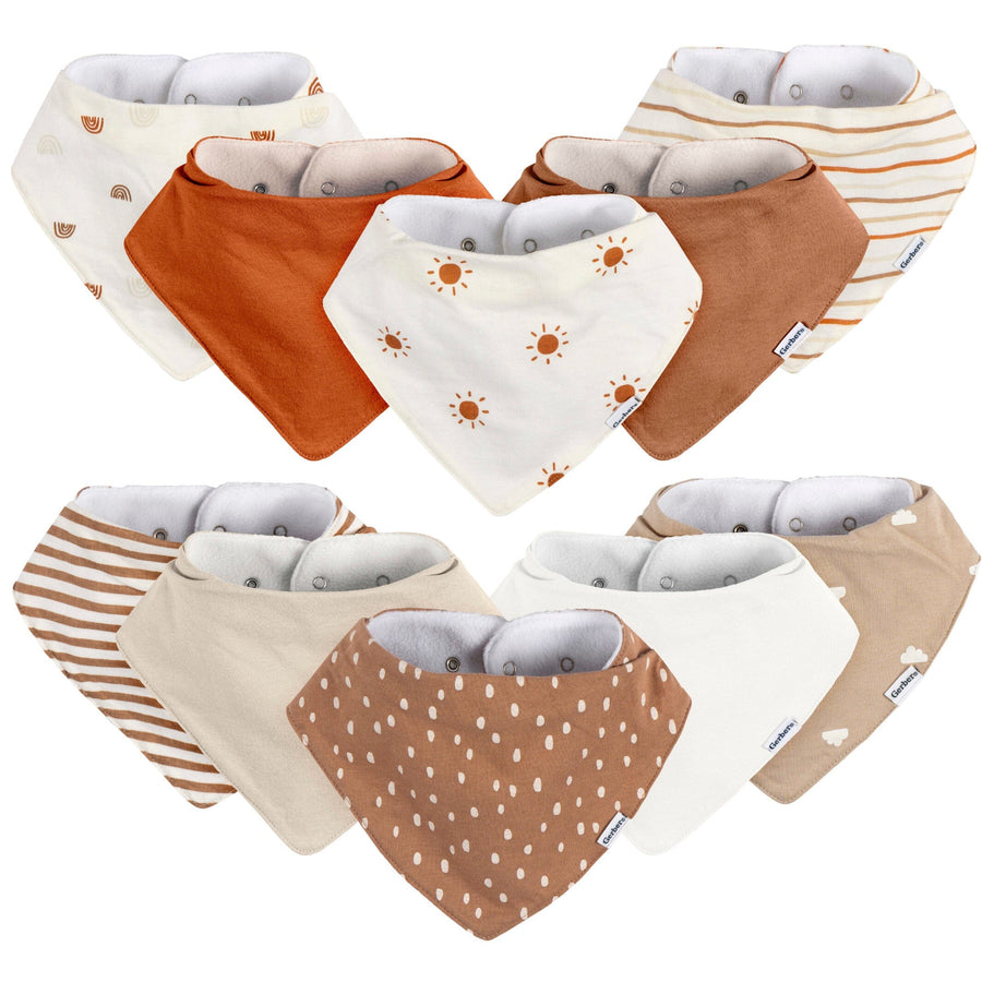10-Pack Baby Neutral Rust Suns Rainbows Jersey Bandana Bibs