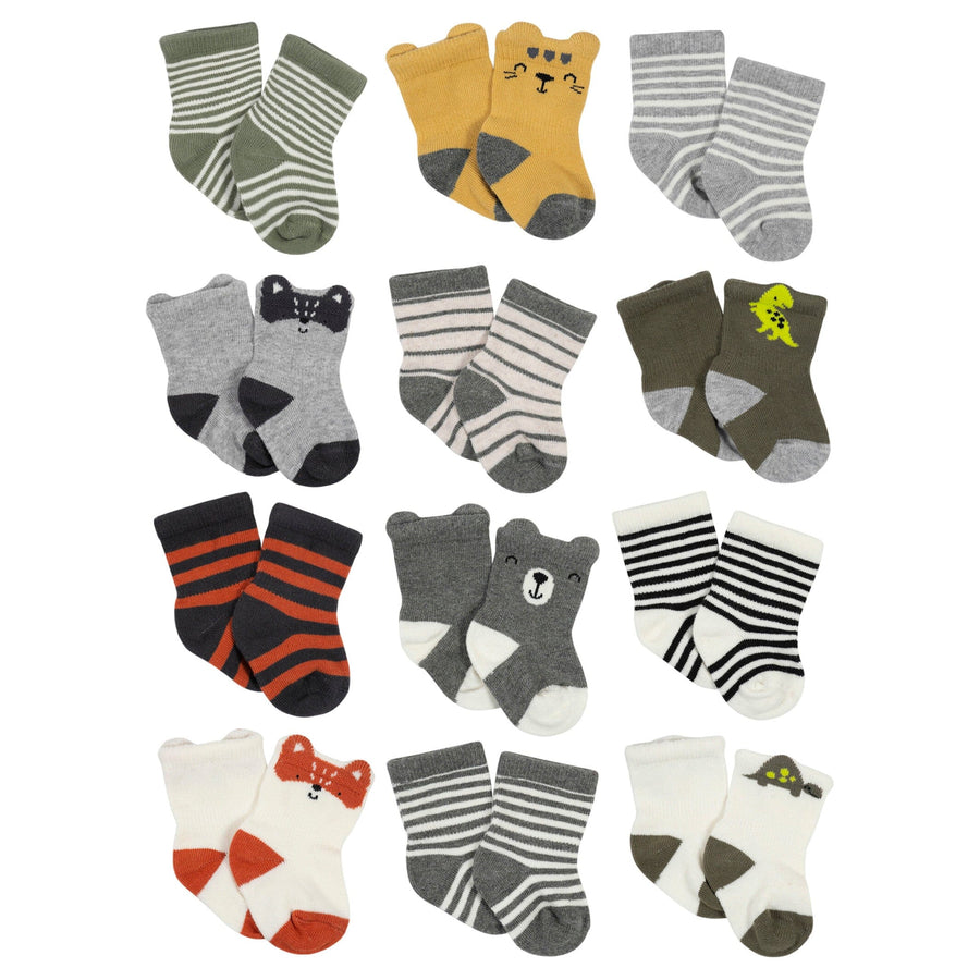 12-Pack Baby Boys Dino, Lion, & Camping Wiggle-Proof™ Socks