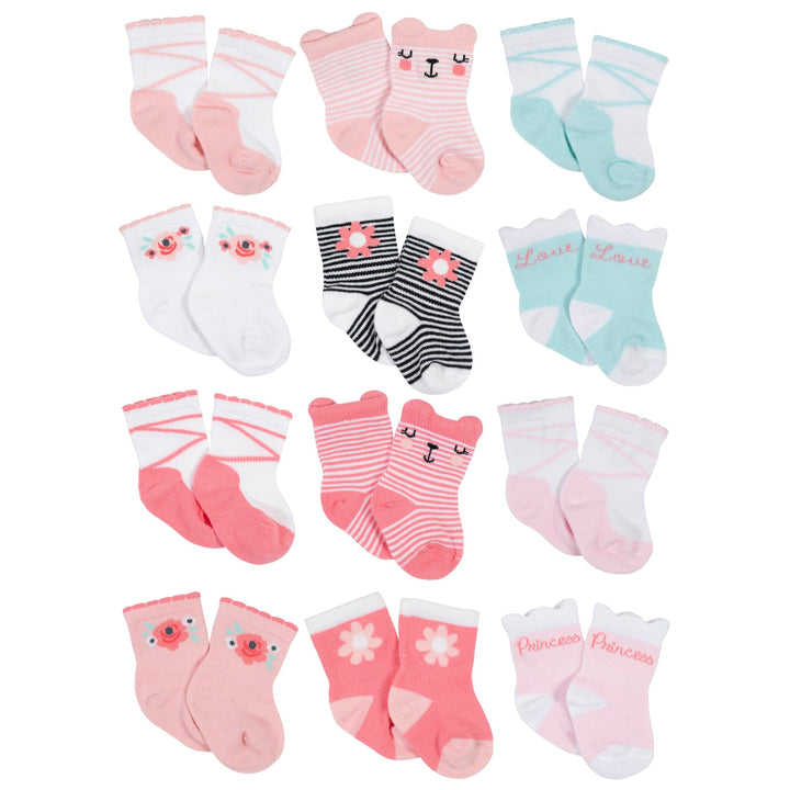 12-Pack Baby Girls Love, Floral, & Fairy Tale Wiggle-Proof™ Socks