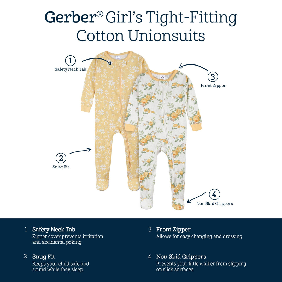 2-Pack Baby & Toddler Girls Golden Flowers Snug Fit Footed Cotton Pajamas