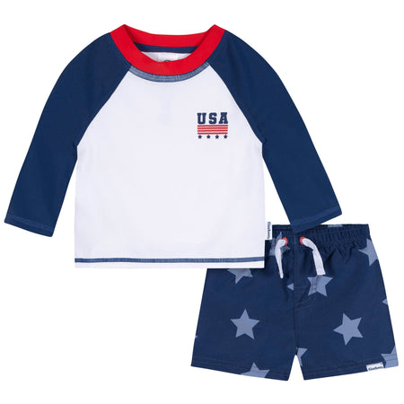 2-Piece Baby & Toddler Boys UPF 50+ Patriotic Stars Rash Guard & Swim Trunks Set