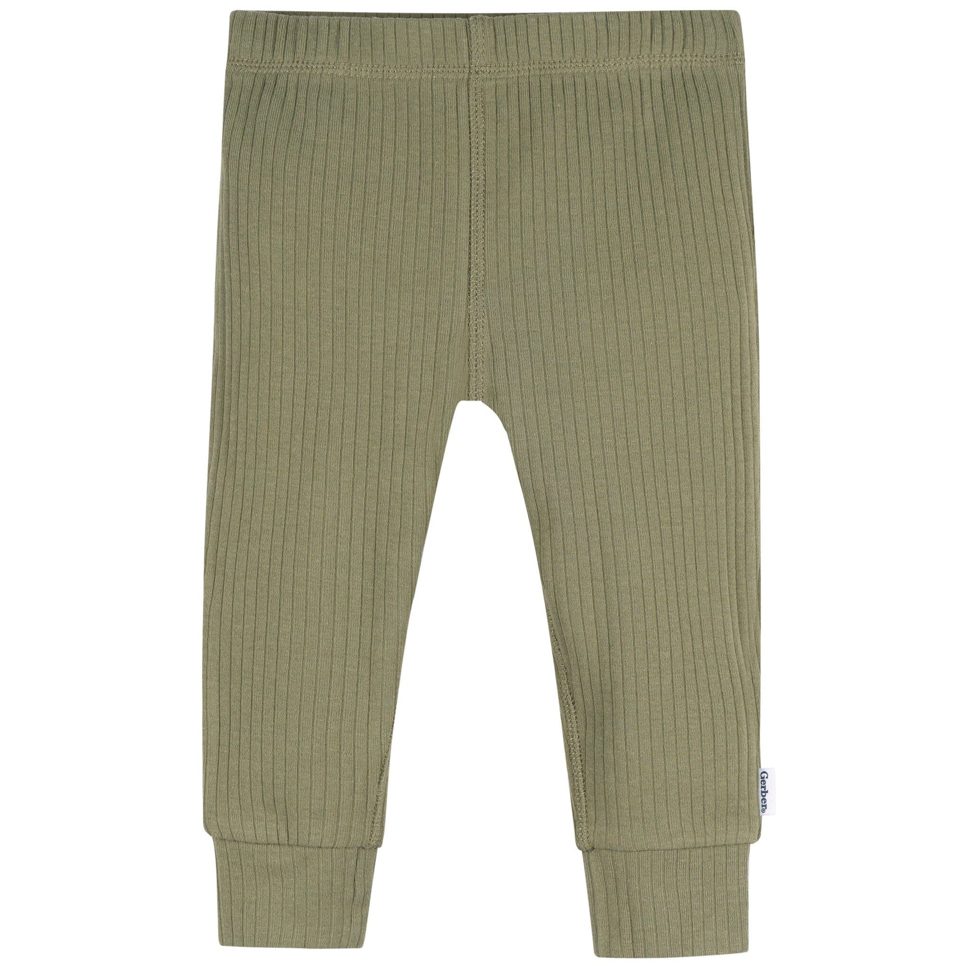 Green ribbed baby pants on a white background