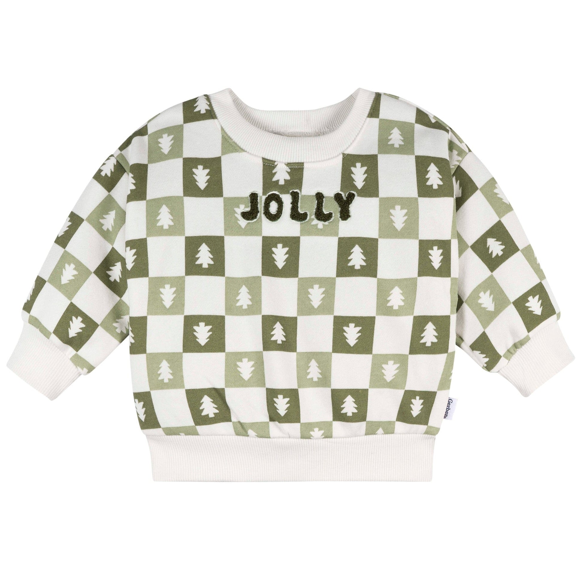 Children's sweater with green and white checkered pattern and 'Jolly' text on a white background