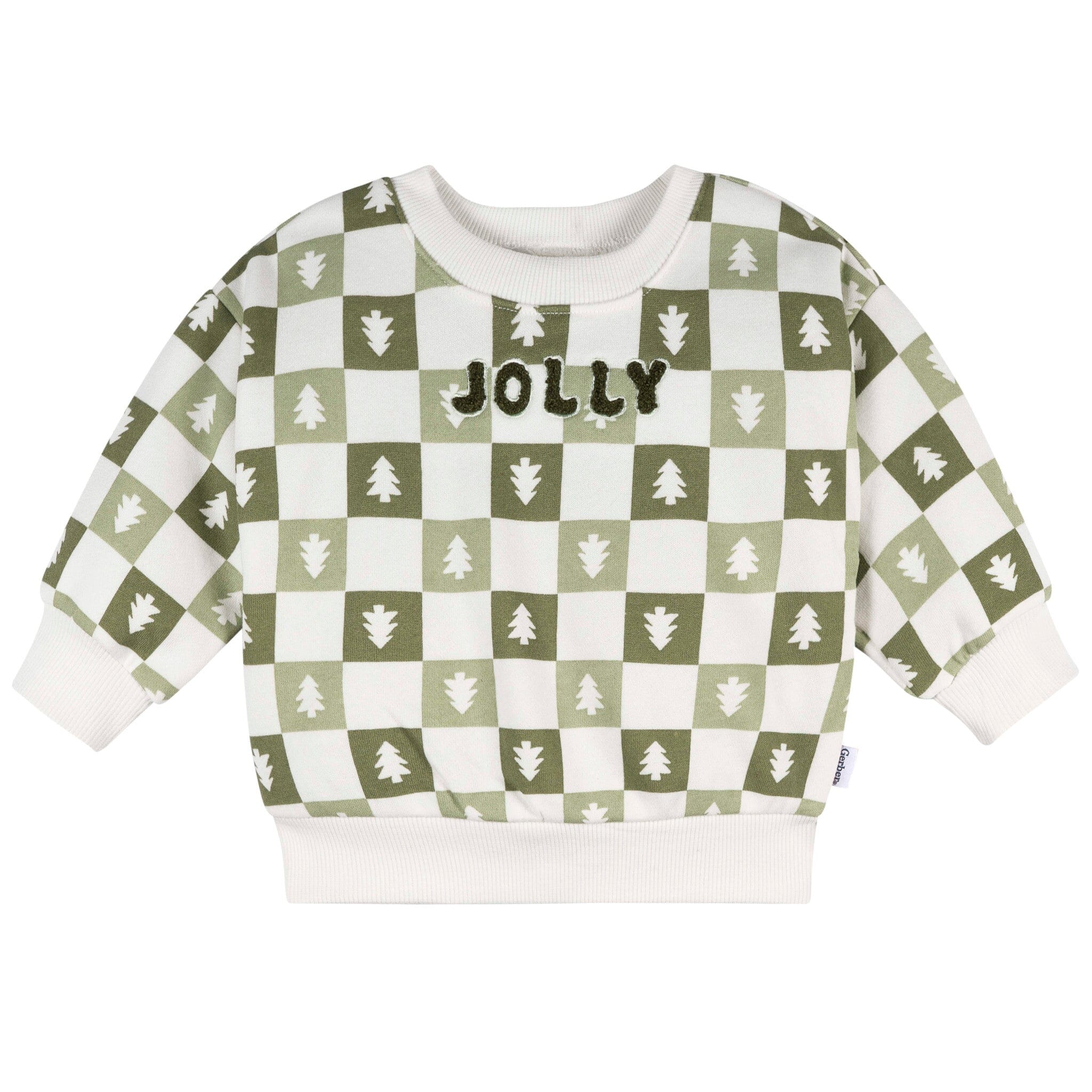 Children's sweater with green and white checkered pattern and 'Jolly' text on a white background