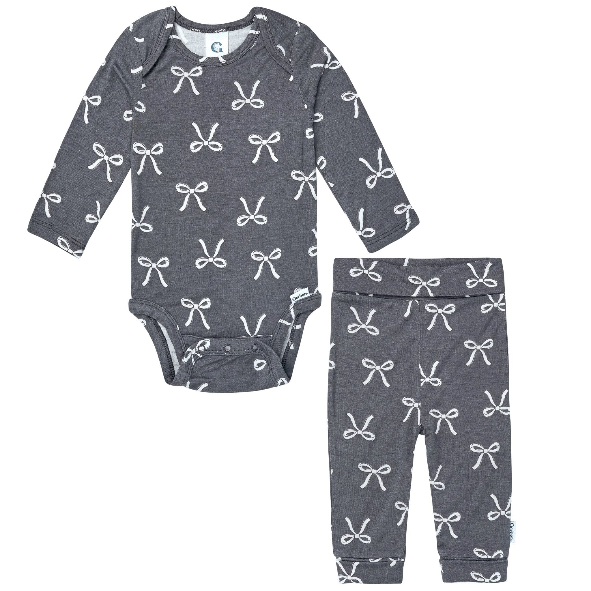 2-Piece Baby Girls Gray Bow Onesie® Pant Set Outfits & Sets Gerber® 