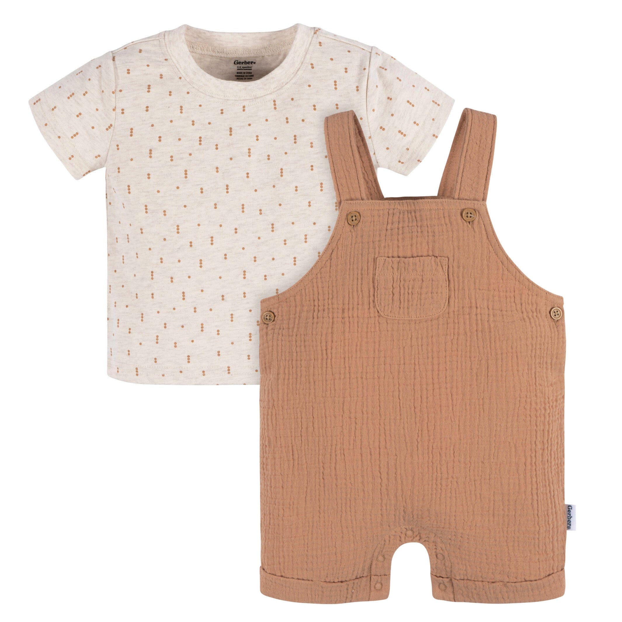 2-Piece Baby Neutral Dots Cotton Gauze Overall Romper and T