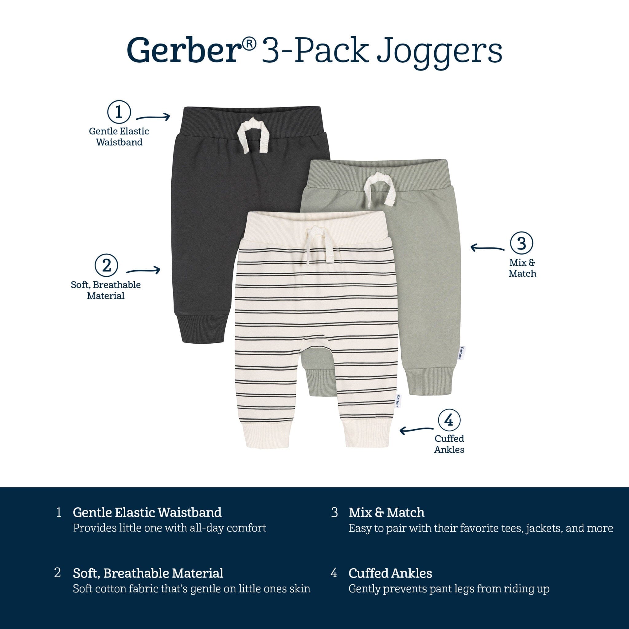 3-Pack Baby & Toddler Boys Wrought Iron Jogger Pants Pants & Bottoms Gerber® 