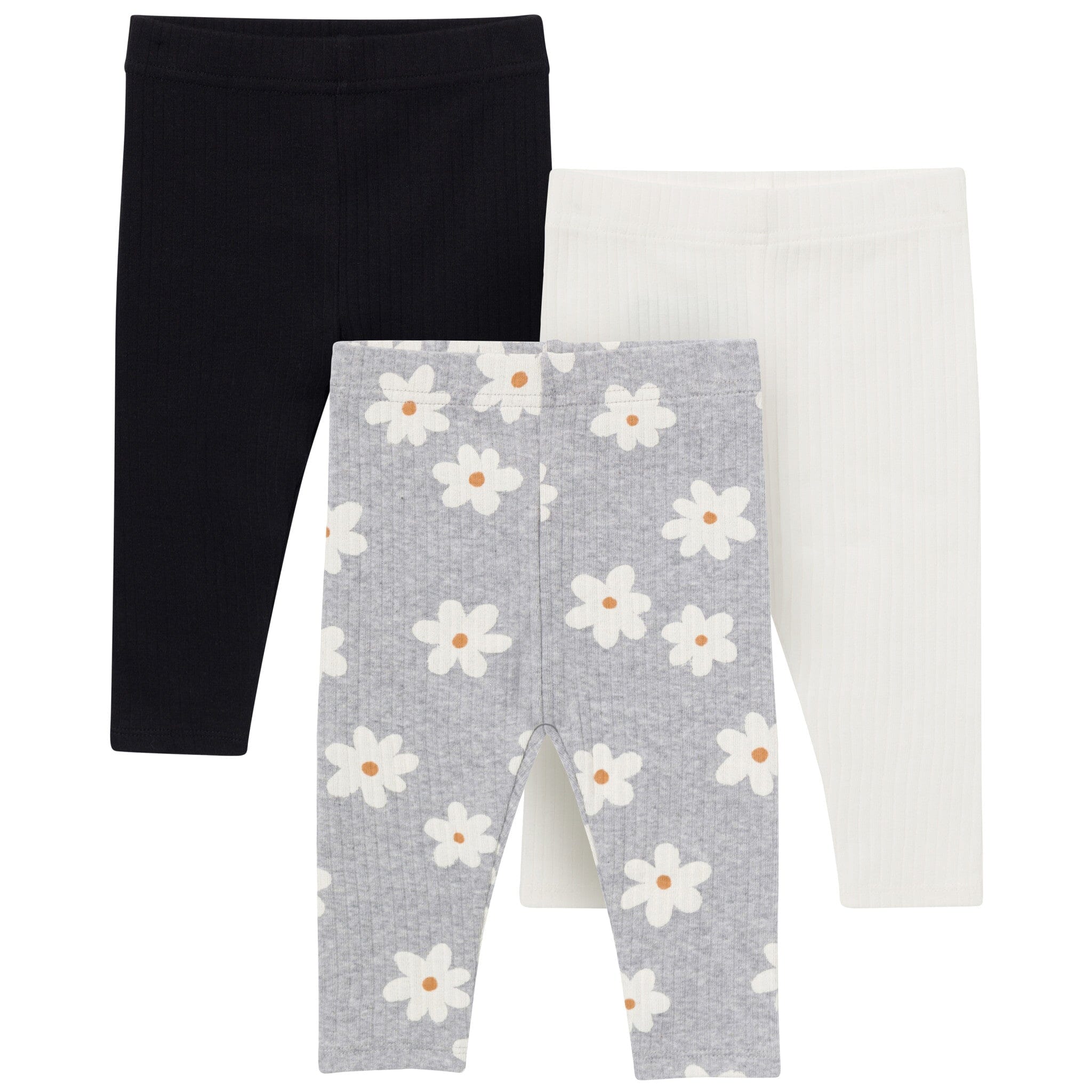 3-Pack Baby & Toddler Girls Gray Flowers, Cream and Black Textured Leggings bottoms Gerber® 