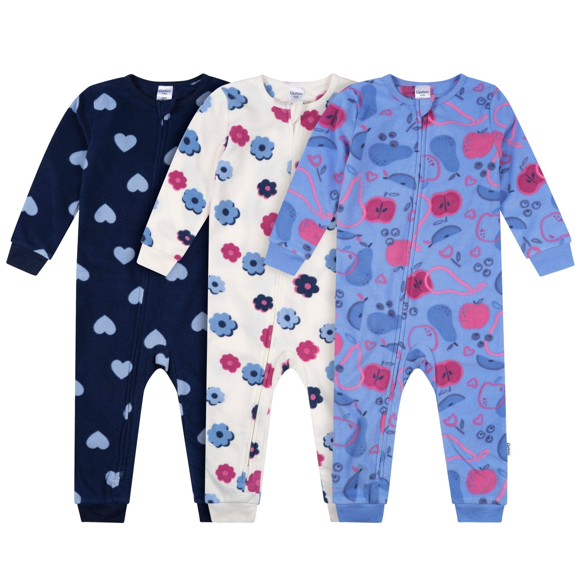 3-Pack Baby & Toddler Girls Hearts Footless Fleece Pajamas Sleepwear Gerber® 